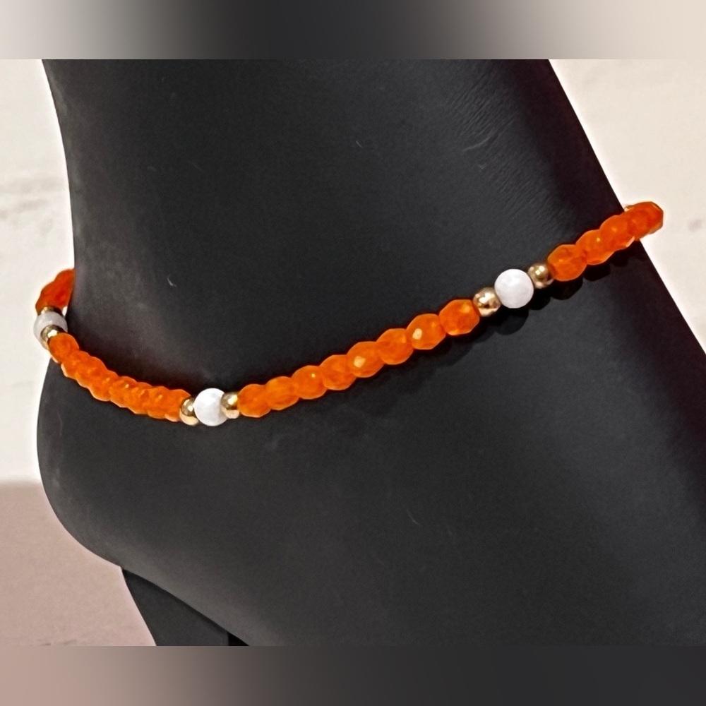 Orange and White Handmade Beaded Ankle Bracelet with White and Gold Accents